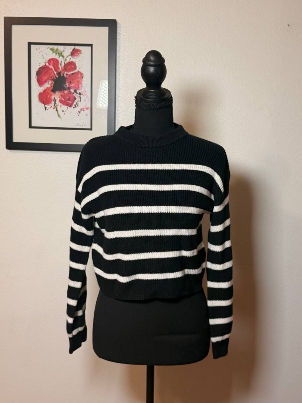 H&M Girls Black & White Striped Sweater — French Breton Style, Size 12/14